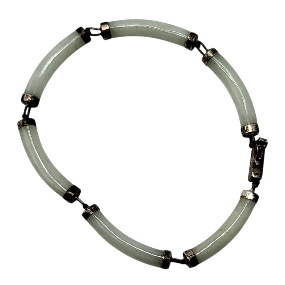 Vintage Jade Bracelet Sterling Silver 925 Tube Link Green Jade Tested